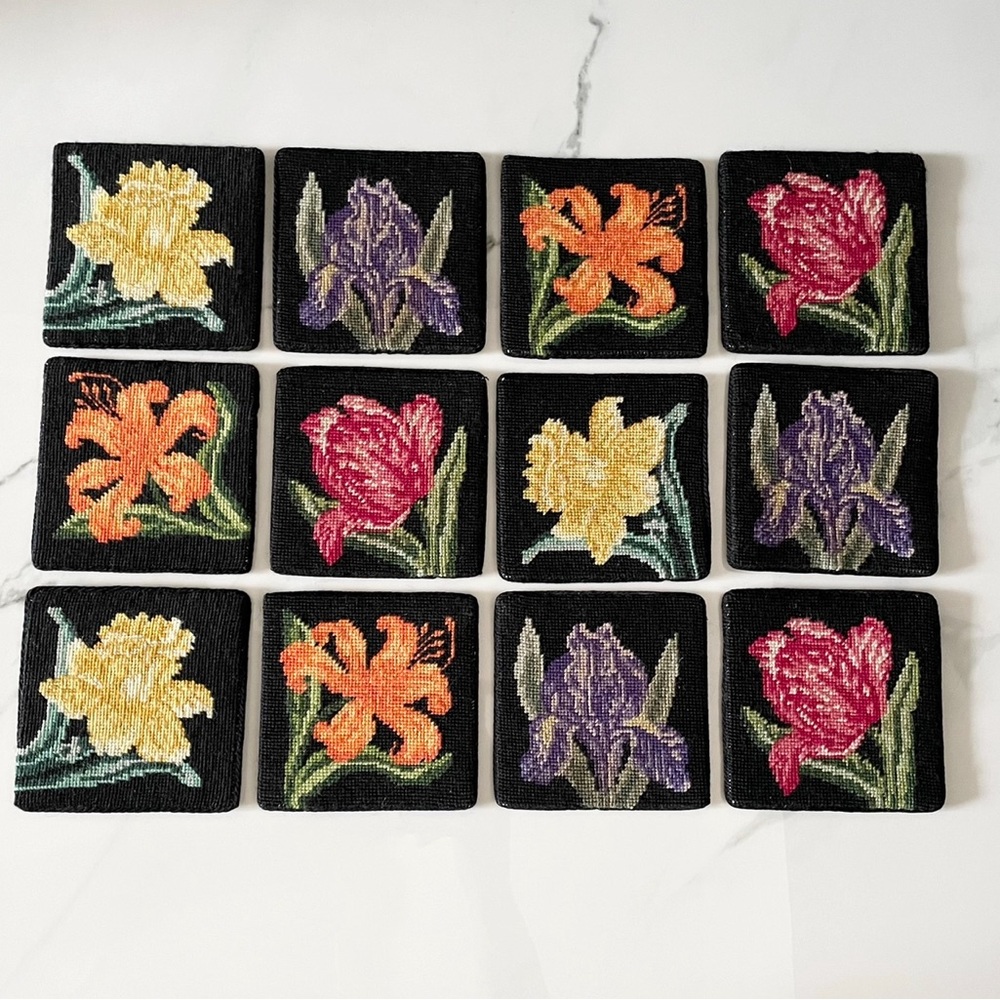 SET of 12 Floral Needlepoint Coasters